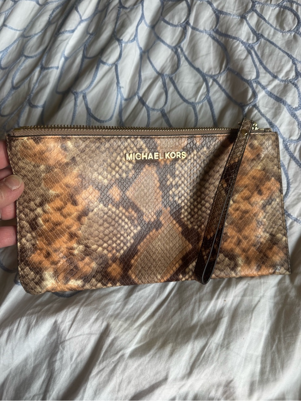 Michael Kors Tan Snake-Print Wristlet with Gold Hardware